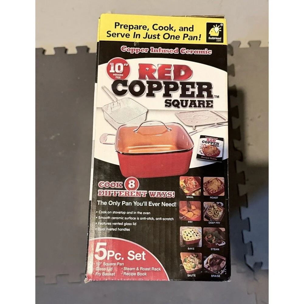 Red Copper Copper Square 10in Ceramic Nonstick Pan Set w/ Lid Basket Rack Book